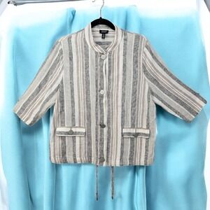 Jones New York Linen Blend Button Front Striped Jacket Neutral Tones Woman Large